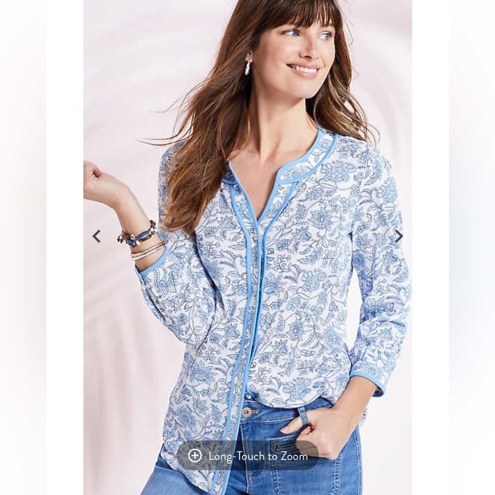 J. Jill Printed Piped Knit Top in breezy blue small delicate garden size small